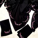 ست روسری و ساق دست گلدوزی شده طرح پنج گل رنگ بادجونی با مروارید