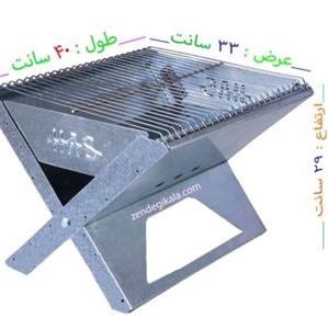 منقل تاشو کتابی دارای کیف و باد بزن پلاستیکی و توری برای گریل کردن مرغ و همبرگر
