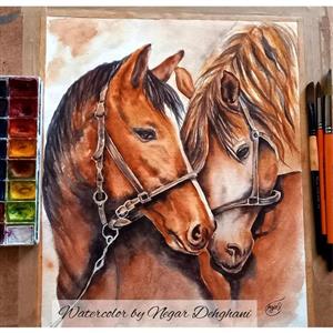 تابلو نقاشی آبرنگ طرح اسبهای عاشق. بهترین گزینه برای بالا بردن سطح انرژی عشق