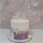 کیک اسفنجی وانیلی  مدرن تولد با تم زمستان زیبا فوندانت کاری  گل آبی وزن 1350کیلوگرم ( فیلینگ نوتلا و موز و گردو)