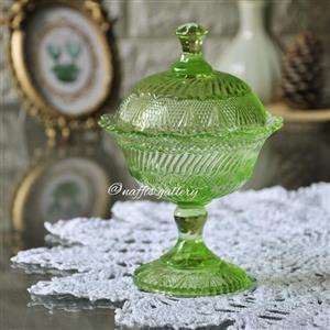 شکلات خوری بلور  آنتیک رنگ سبز بیدی پایه بلند در دار 