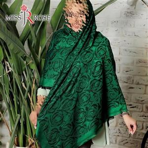 روسری ژاکارد - طرح رز سبز - دو رو - قواره 140 - دور ریش - میس رز