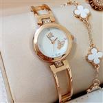 ساعت زنانه بند  فلزی  طرح پروانه به همراه دستبند ون کلیف سفید