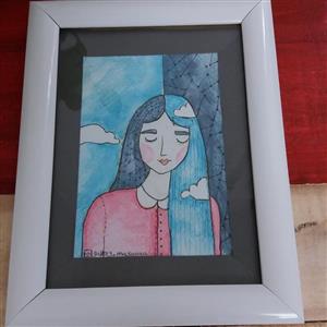 تابلو  دختر آسمانیدارای قاب و شیشه کاردست رنگ شده با رنگ آبرنگ
