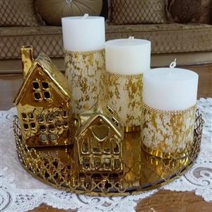 شمع استوانه سه تایی،در دو رنگ طلایی و نقره ای ودر قطر 8 و 6/5و وزن بین 1800 تا 2000گرمو جنس از پارافین  یک درصد