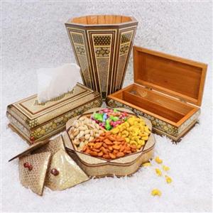 ست جعبه دستمال کاغذی و جا کارد و چنگالی لولادار و سطل زباله و شکلات خوری 4 درب خاتم کاری(طرح توپی روشن) 