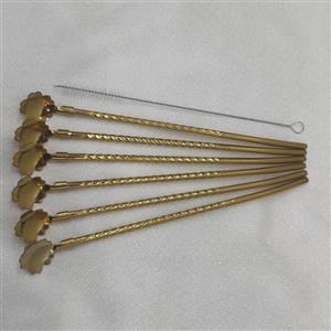 قاشق نی دارطلایی  استیل درجه یک پیچی ،طرح گل رنگ ثابت  وفرچه دار،هر بسته 6عدد نی +یک فرچه