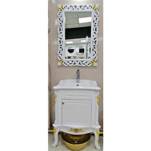 روشویی کابینتی کلاسیک سفید طلایی با آینه کلاسیک بزرگ ایستاده