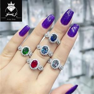 انگشتر نقره زنانه نگین رنگی(قرمز.کبود.سبز .7رنگ و ...) بسیار شیک با عیار 925 و آبکاری طلاسفید 