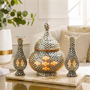 ست سه تکه گلدان صراحی 16  و شکلات خوری 20 مس و خاتم کاری(طرح تیره) 