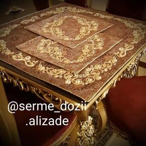 رومیزی سرمه دوزی 3تکه  ترمه  ابریشم  یزد سرمه اصل هندی  دوخت تخصصی