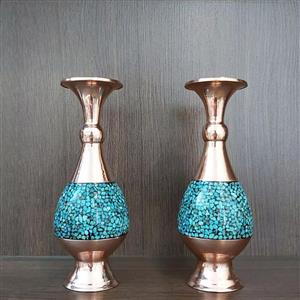 یک جفت گلدان فیروزه کوب مسی 16 سانت