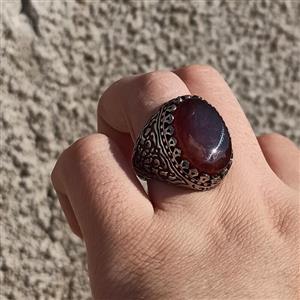 انگشتر نقره عقیق سیاه سرخ اصل معدنی زیبا.  . 