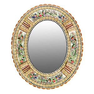 قاب آینه بیضی لبه دالبری طرح گل و مرغ سبز  خاتم کاری(سایز کوچک) 