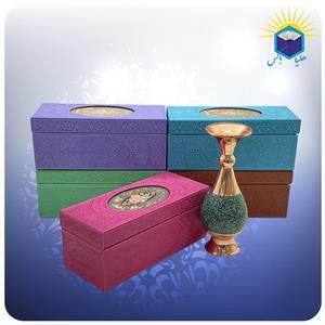 گلدان صراحی مس و فیروزه کوب ۲۰ سانت با جعبه ام دی اف  چرمی (کد ۶۰۱۴۷)