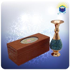گلدان صراحی مس و فیروزه کوب ۱۶ سانت با جعبه  ام دی اف چرمی (کد ۶۰۱۴۶)