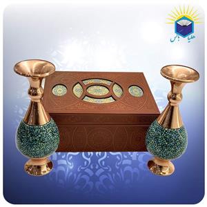 ست دو گلدان صراحی مس و فیروزه کوب ۲۰ سانت با جعبه ام دی اف چرمی (کد ۶۰۱۶۱)