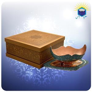 کشکول و سینی چکشی مس و فیروزه کوب با جعبه ام دی اف چرمی (کد ۶۰۱۶۰)