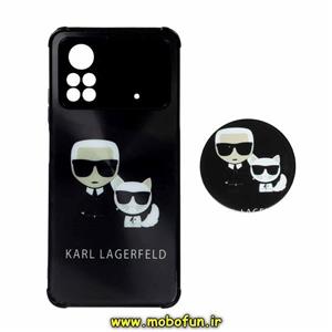 قاب گوشی Poco X4 Pro 5G شیائومی لیزری محافظ لنز دار پاپ سوکت دار طرح کارل لاجرفلد KARL LAGERFELD کد 382