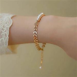 دستبند گندمی استیل ابکاری طلا با مروارید  پرورشی اصلی