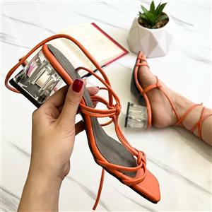 صندل دخترانه مدل عنکبوتی بند دور مچ پاشنه 5 سانت کریستال نارنجی - 