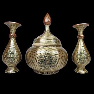 ست 3 تکه گلدان و شکلات خوری خاتم کاری مسی کد 01 -