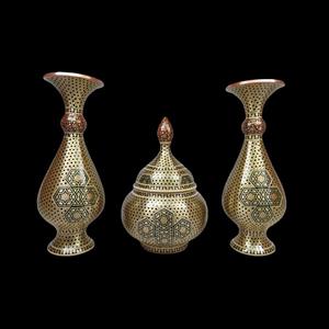 ست 3 تکه گلدان و شکلات خوری خاتم کاری مسی کد 03 -