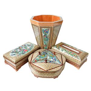 ست 4 تکه سطل و جعبه دستمال کاغذی و جعبه کارد و چنگال و شکلات خوری خاتم کاری مدل نقاشی برجسته کد gr21sim -