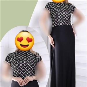 ماکسی مجلسی پولکی زنانه یقه گرد آستین کوتاه(لباس شب)