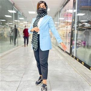 کت یقه انگلیسی ابی اسمونی جنس کرپ کش قد 85 استین کتی