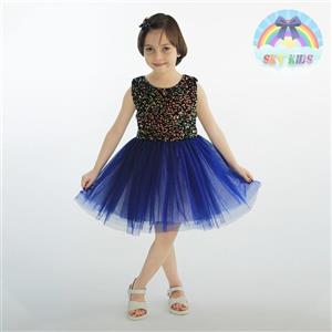 لباس مجلسی دخترانه تور و مخمل پولک دار مدل پرنسسی سایز 9 تا 12 سال - سرمه ای