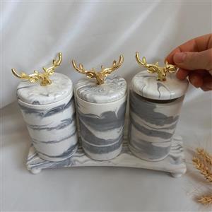 ست بانکه سنگ مصنوعی با استند در رنگ سفید با رگه های طوسی