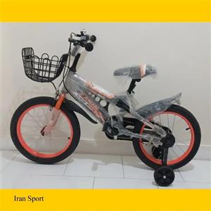 دوچرخه بچگانه برند ZARIN سایز 16 رنگ نارنجی بدنه فلز دارای سبد و کمکی 