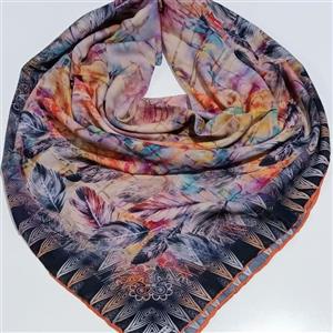 روسری نخی قواره 120دور دست دوز زمینه با تم یاسی و بنفش خوشرنگ وطرح  شاد و زیبا