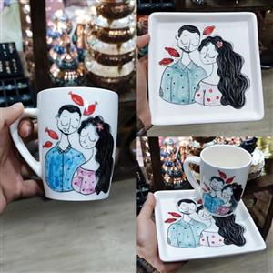 ست ماگ و بشقاب سرامیکی نقاشی دستی زیر لعابی