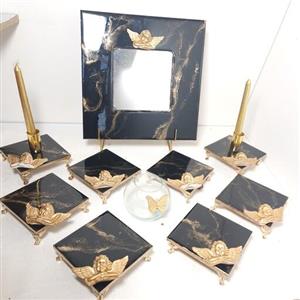 سفره هفتسین رزینی دستساز طرح سنگ مشکی طلایی با تزئین  فرشته