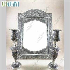 آینه شمعدان نقره، ست زیبای آینه و لاله، عیار بالا ، قلمزنی دست کد honar059
