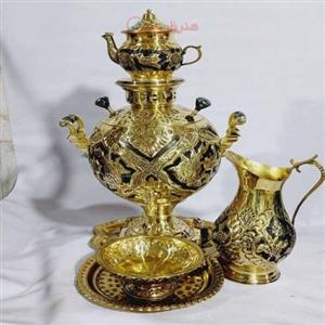 سرویس سماور 6 لیتری، جهان نما زغالی، قلم زنی گل و مرغ طلایی کد honar906