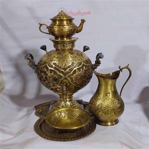 سماور برنجی 6 لیتری زغالی، جهان نما قلم زنی گل و مرغ کد 907 