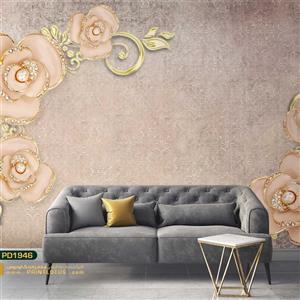 پوستر دیواری گل گلبهی نگین دار هلندی و برگ طلایی پشت تلوزیون سه بعدی-کدpd1946