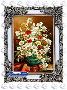 تابلو فرش طرح گلدان طلایی فیروزه ای کد: 105610