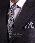 ست کراوات و دستمال جیب مردانه نسن |  مشکی نقره ای | طرح بته جقه