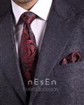 ست کراوات و دستمال جیب مردانه نسن |  مشکی قرمز | طرح بته جقه
