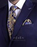 ست کراوات و دستمال جیب مردانه |  سرمه ای طلایی | طرح بته جقه