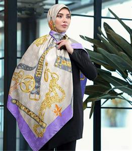 روسری کرم بنفش مجلسی ابریشم قواره بزرگ 2788