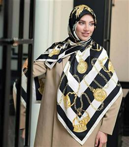 روسری سفید مشکی مجلسی ابریشم قواره بزرگ 2774