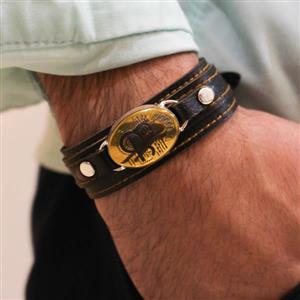 دستبند حدید صینی نقره چرم طبیعی مشکی دو لایه مردانه و زنانه طرح عین علی (ع) + حرز امام جواد (ع)