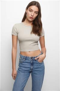 تی شرت خاکستری یقه خدمه طرح ساده مدل کوتاه اسلیم فیت آستین زنانه پول اند بیر Pull Bear (برند اسپانیا) 