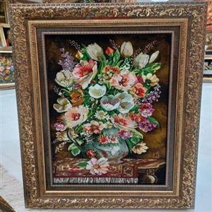 تابلو فرش دستبافت تبریز طرح گل طولی، خوش رنگ و زیبا، مناسب دکور منزل و محل کار، چله ابریشم