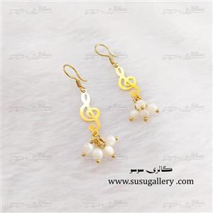 گوشواره آویز استیل کلیدسل (نت موسیقی) با آویز صدف سفید